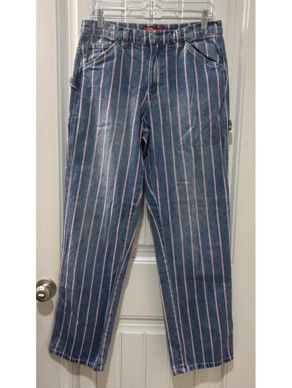 Dickies Women’s Striped Cargo Jeans Size 7 Red Stripe EUC 33 Inch Waist